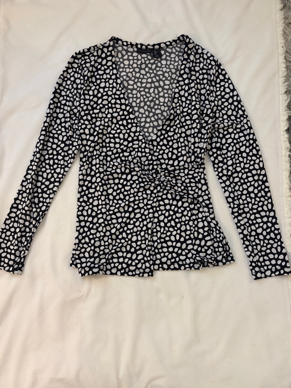 Tahari Black and White Polka Dot Wrap-Style Long Sleeve Top